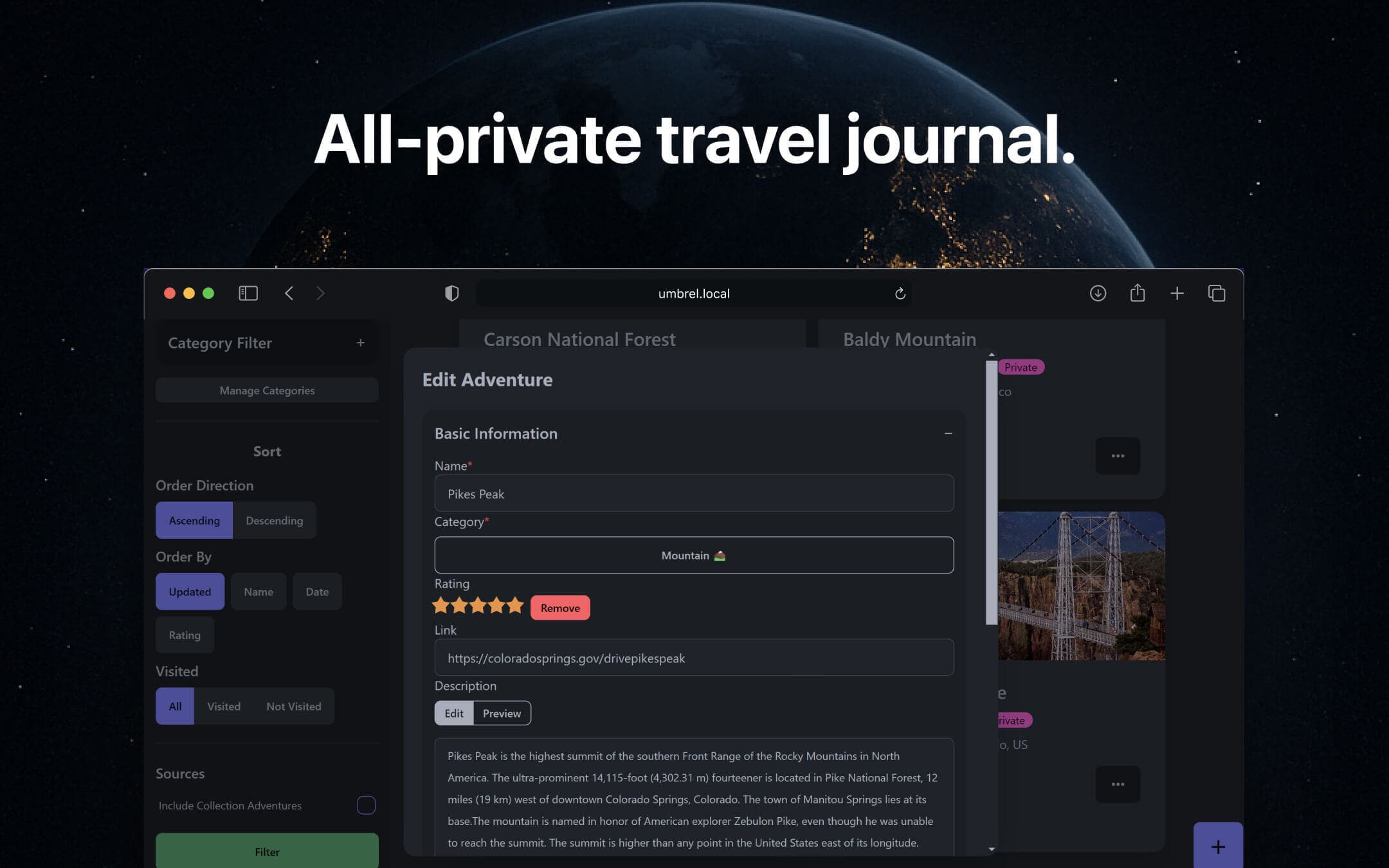 Screenshot 2 of AdventureLog app on Umbrel App Store