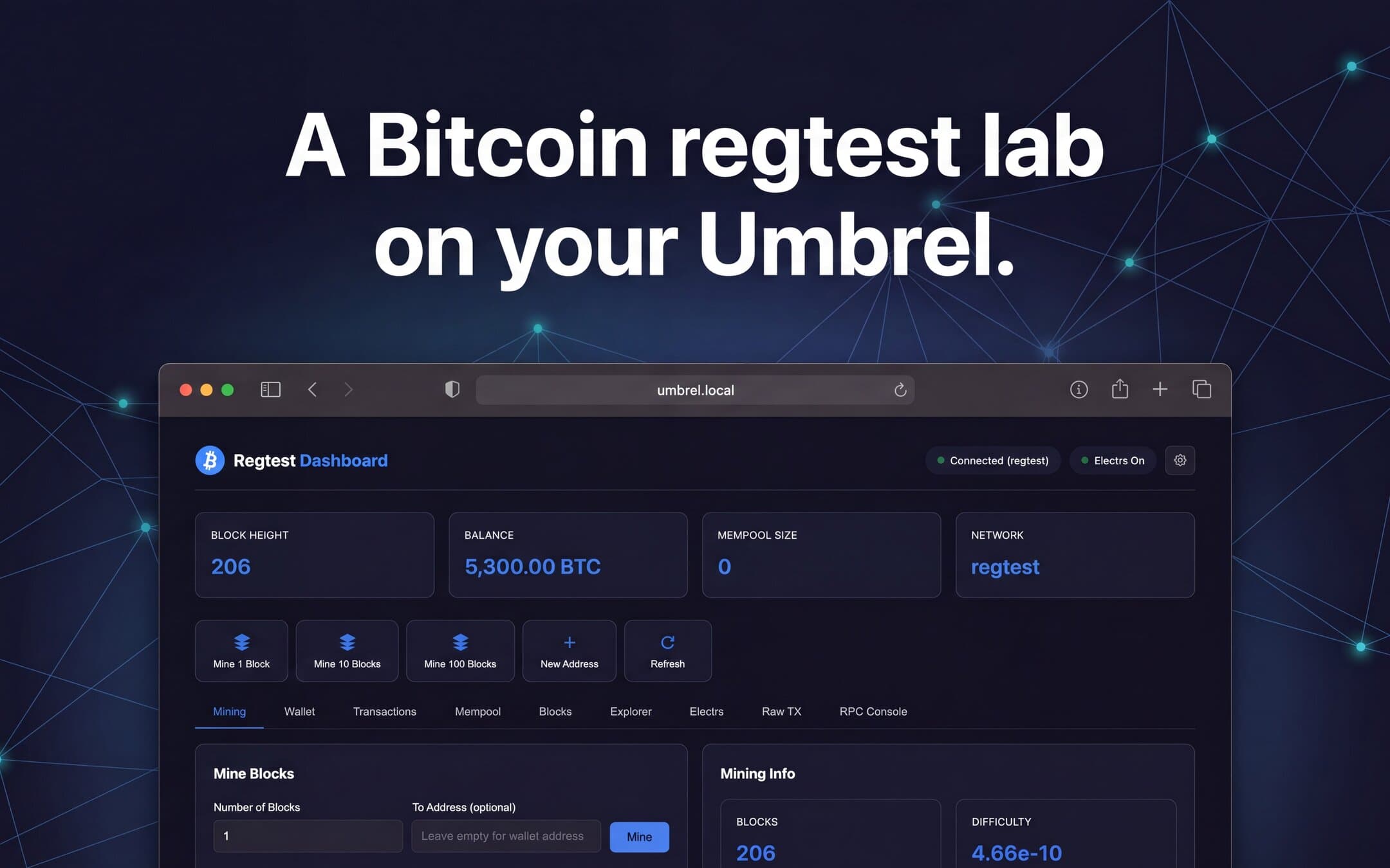 Screenshot 1 of Bitcoin Regtest Dashboard app on Umbrel App Store