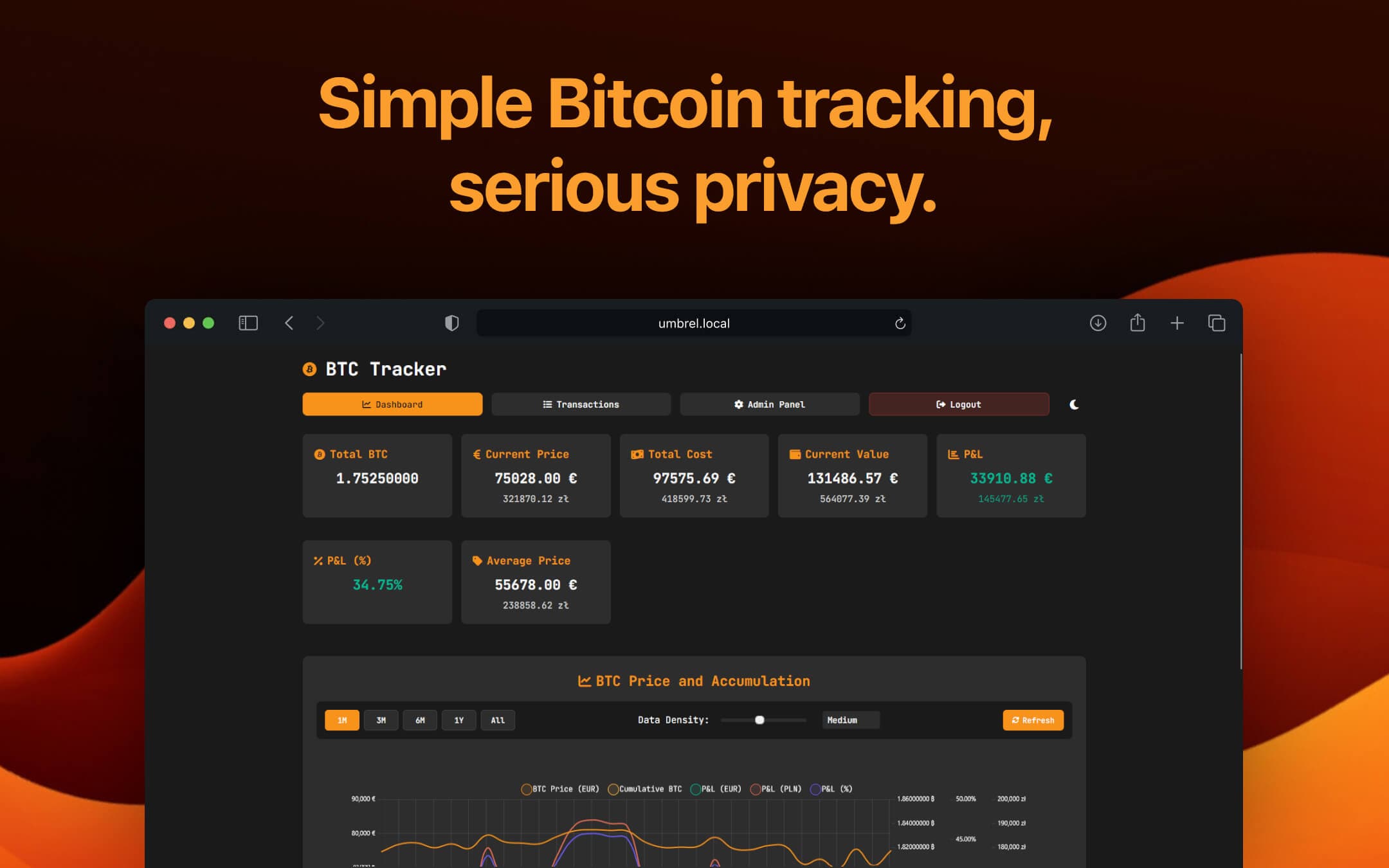Screenshot 1 of BTC Tracker app on Umbrel App Store