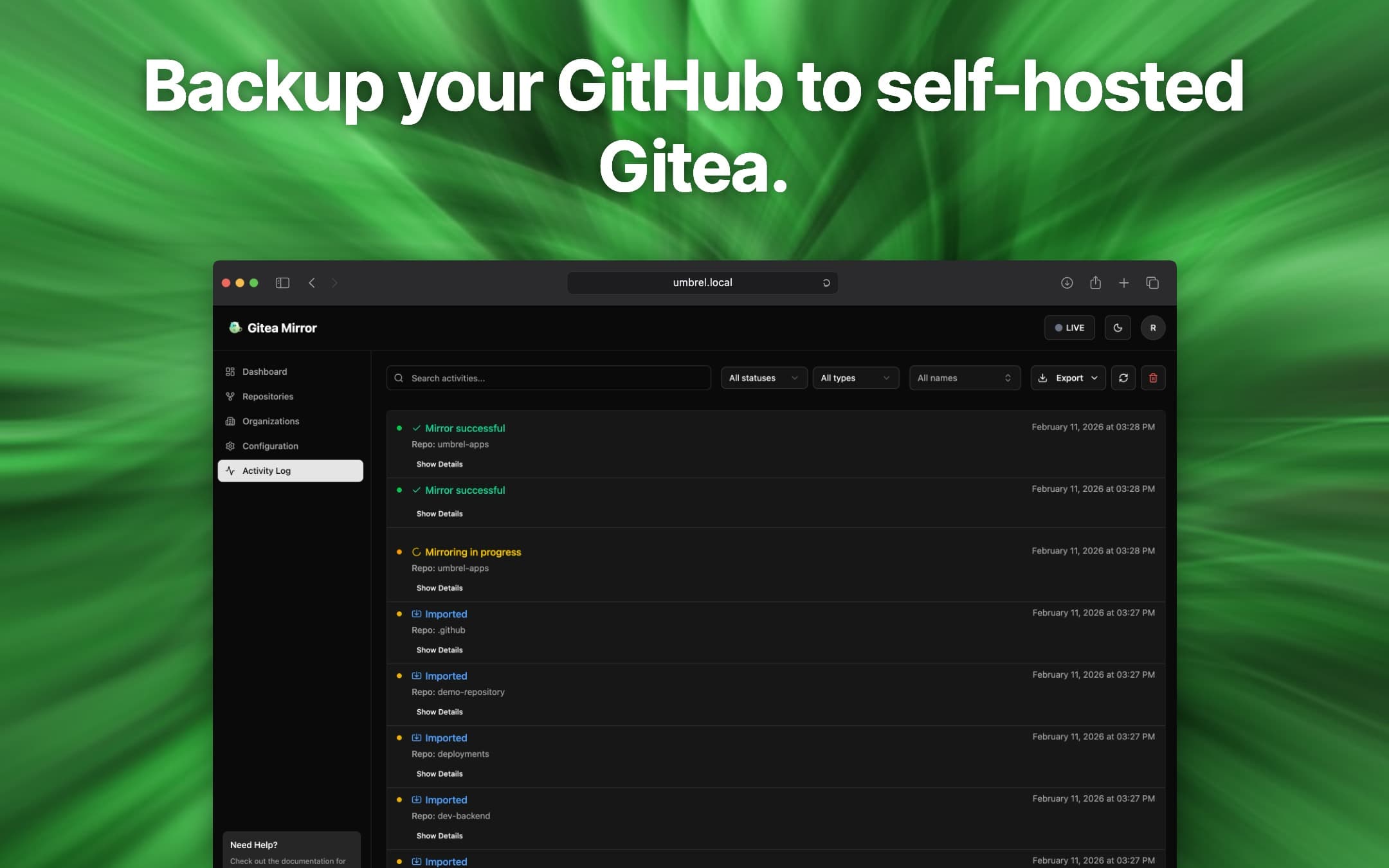 Screenshot 1 of Gitea Mirror app on Umbrel App Store