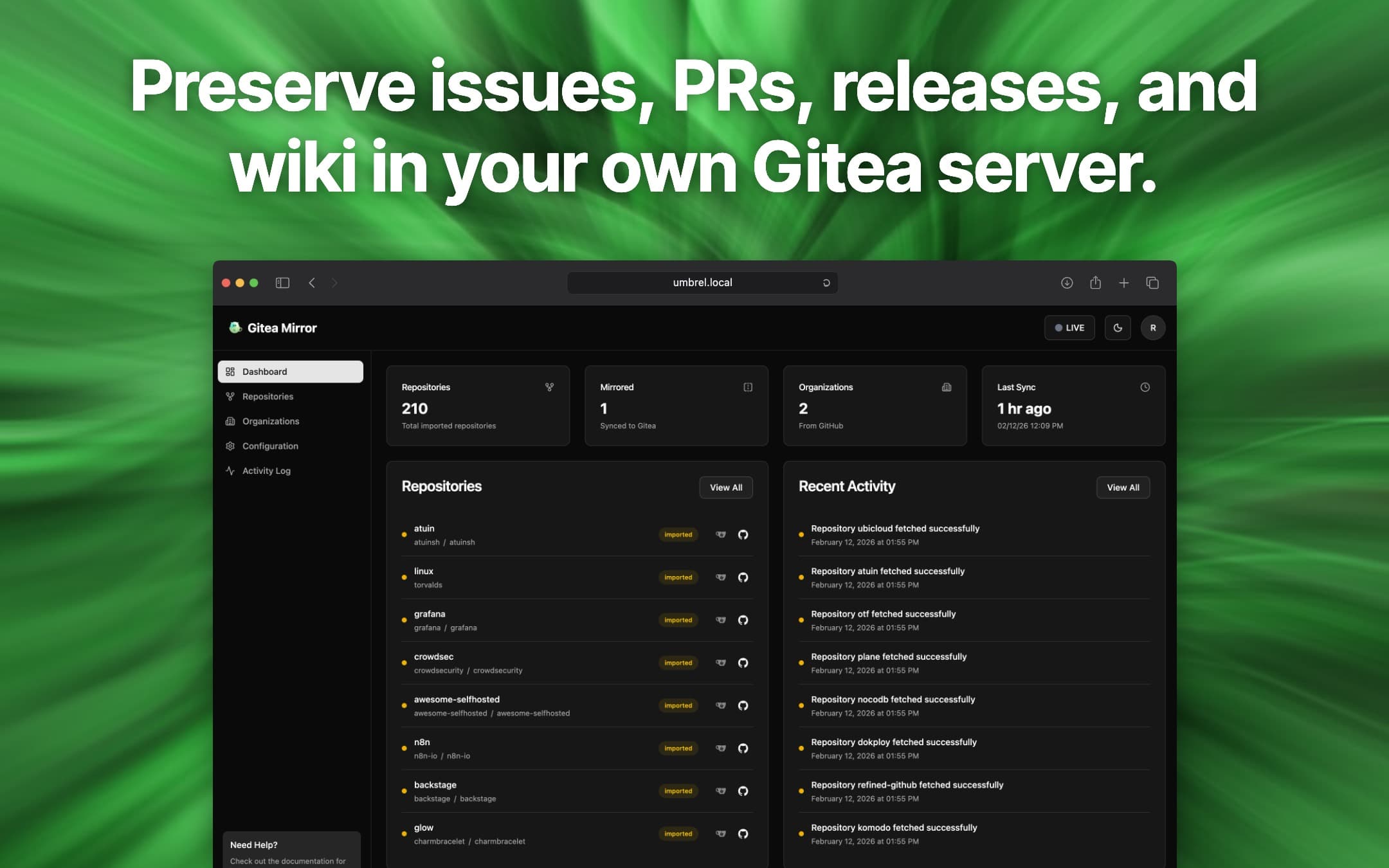 Screenshot 3 of Gitea Mirror app on Umbrel App Store
