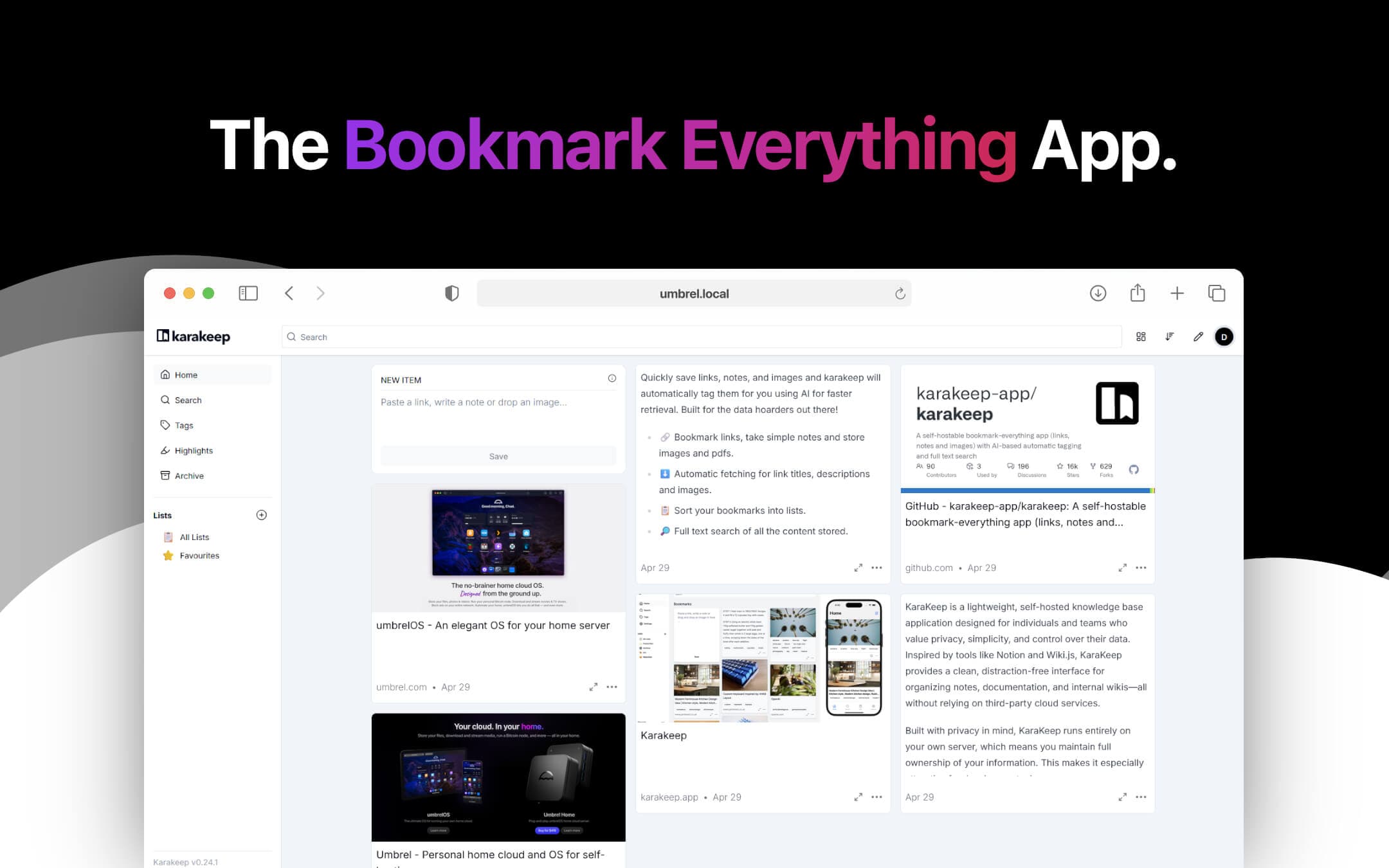 Screenshot 1 of Karakeep app on Umbrel App Store