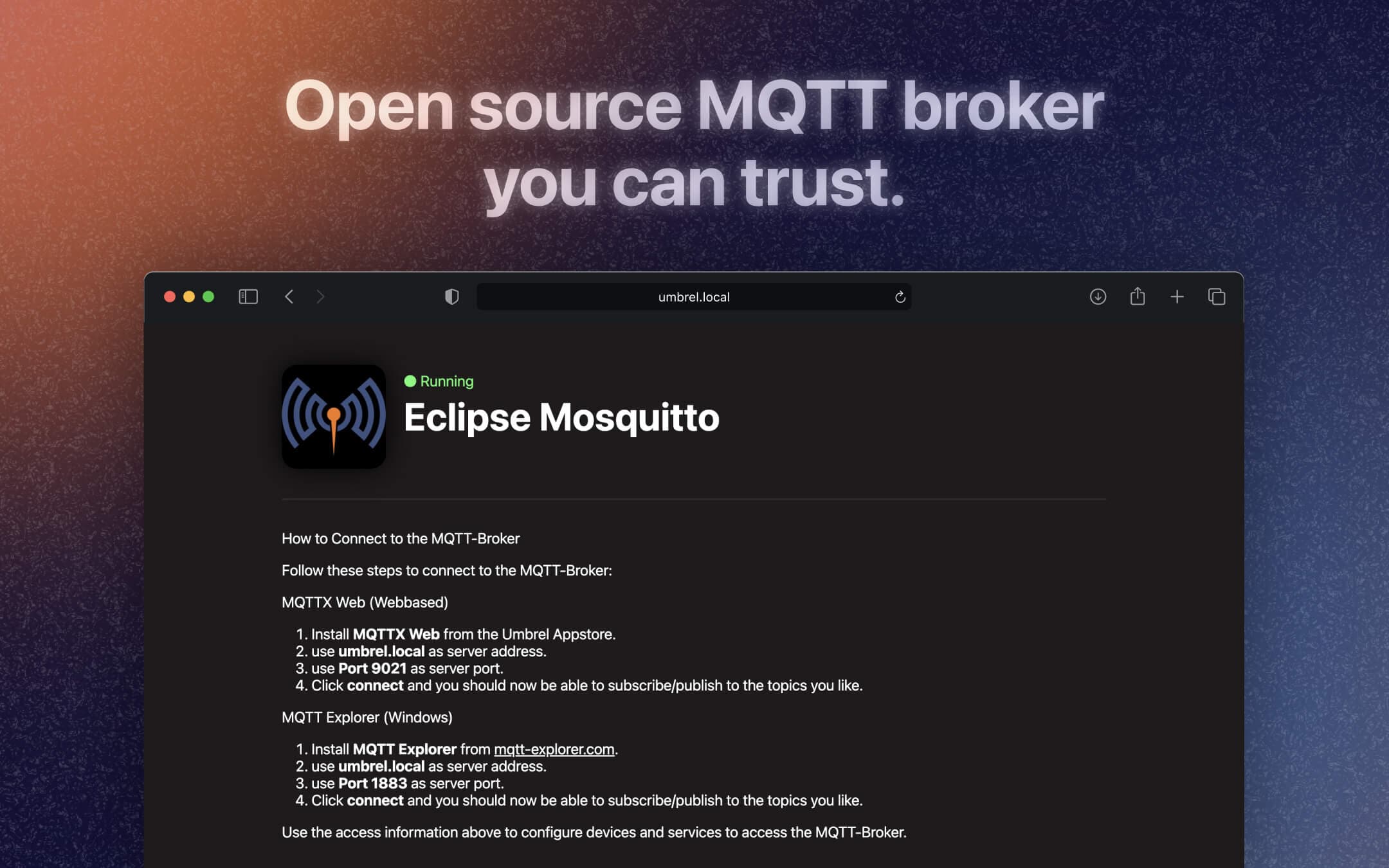 Screenshot 1 of Mosquitto app on Umbrel App Store