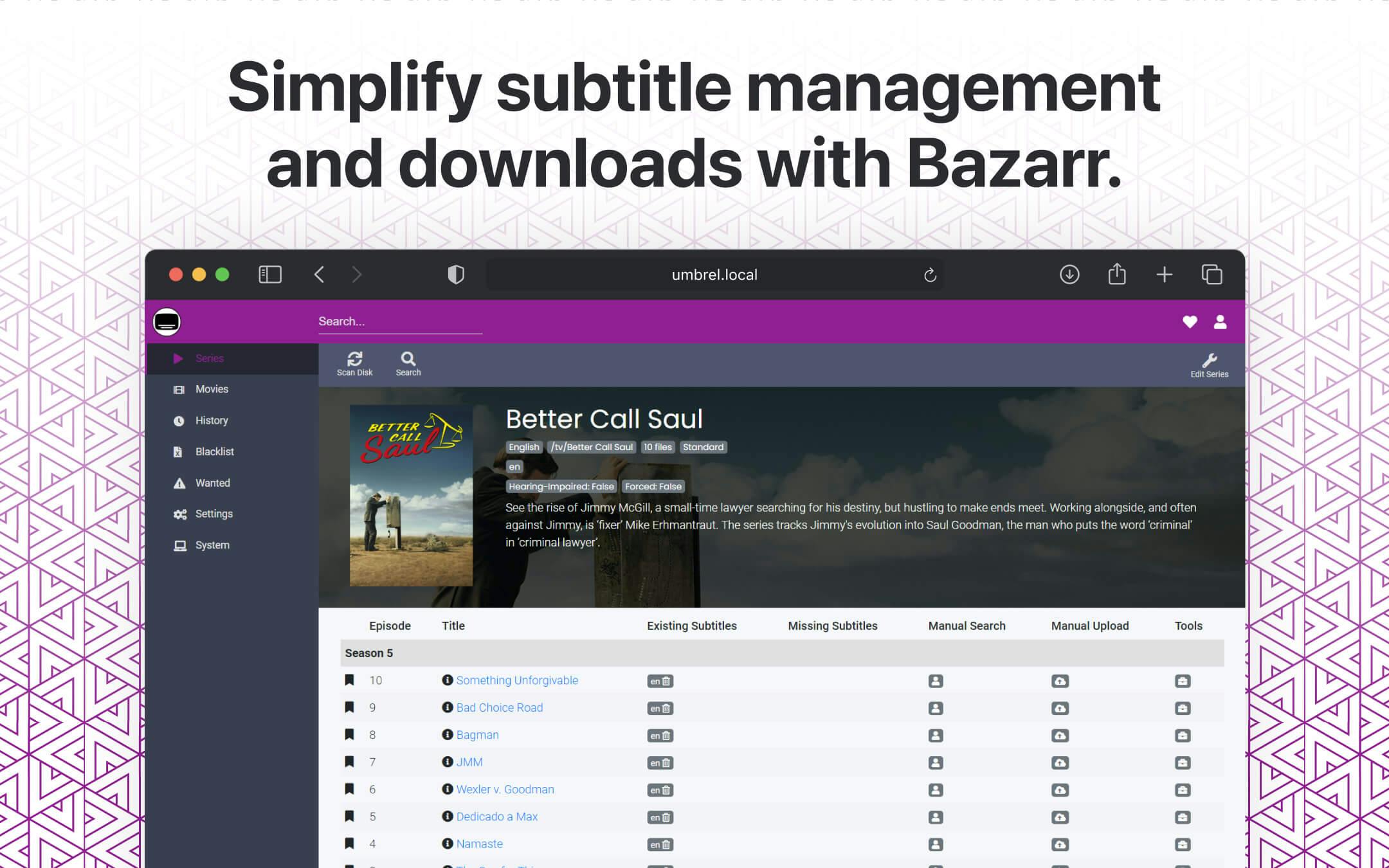 Screenshot 1 of Bazarr app on Umbrel App Store