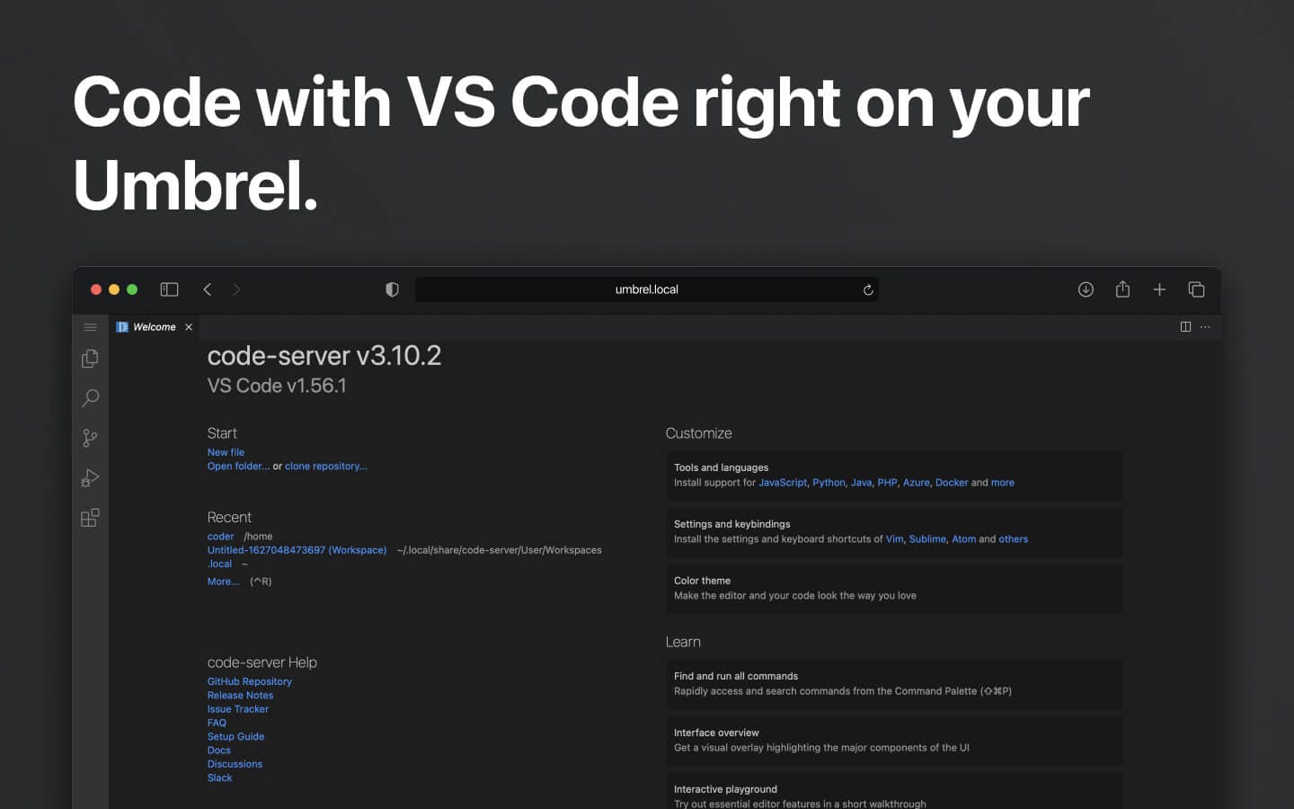 Screenshot 1 of code-server app on Umbrel App Store