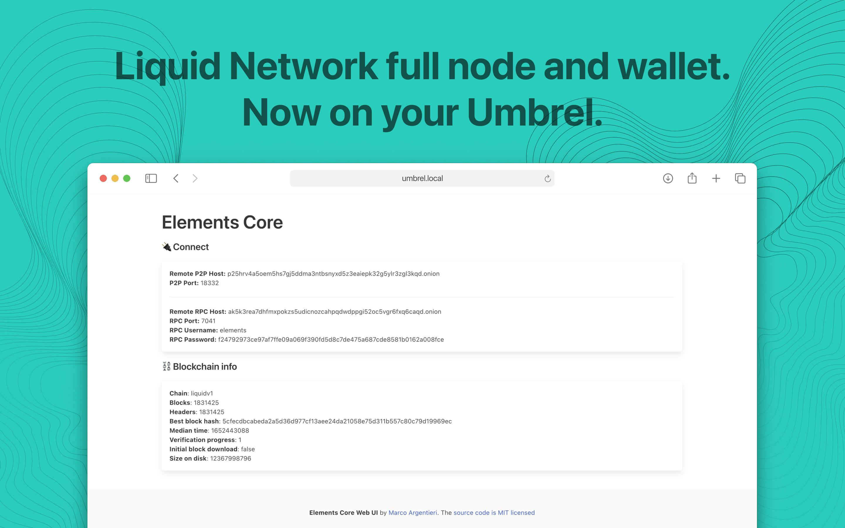 Screenshot 1 of Elements Core app on Umbrel App Store