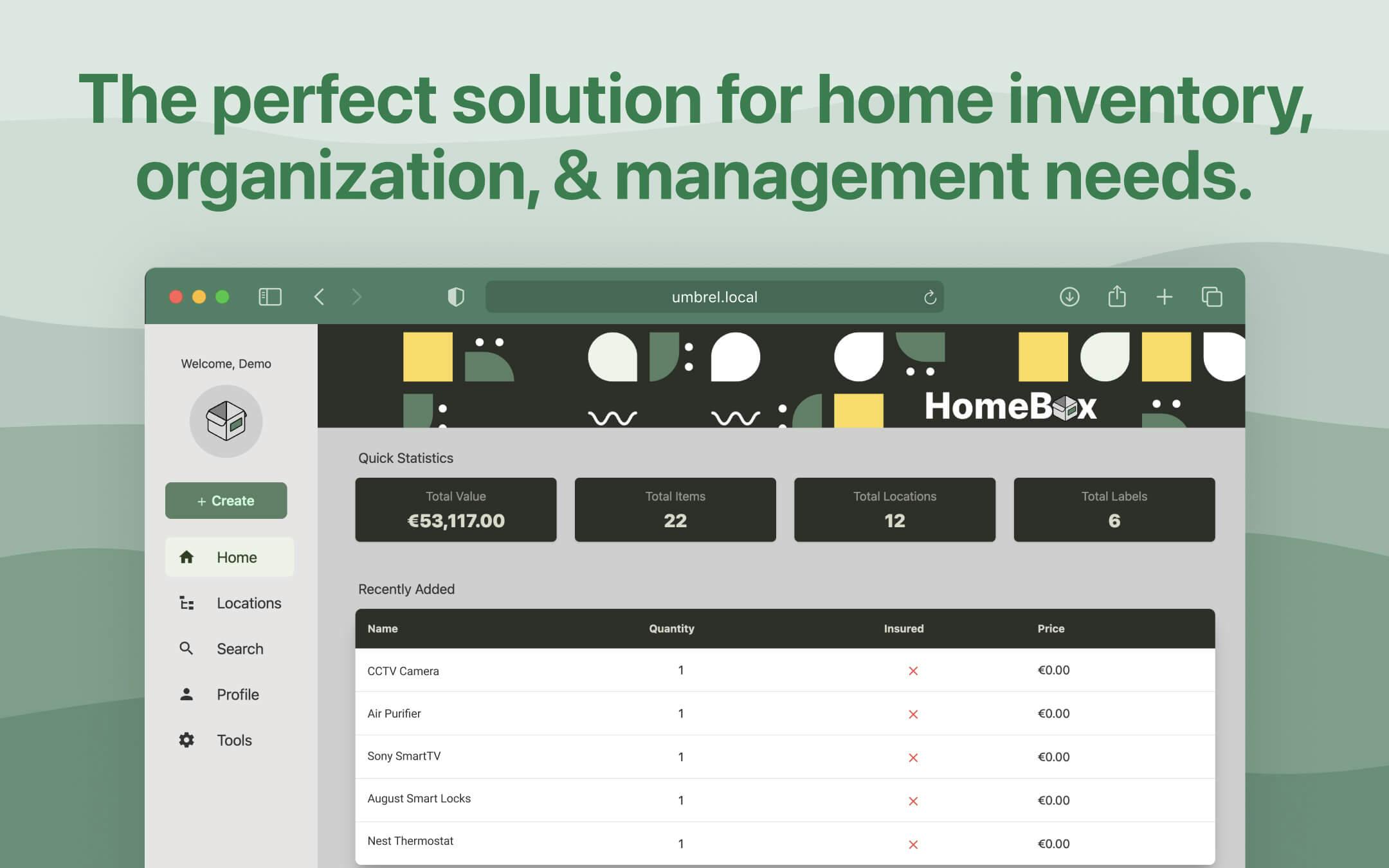 Screenshot 1 of HomeBox app on Umbrel App Store